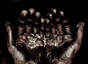 Hands with a few grains to illustrate hunger
